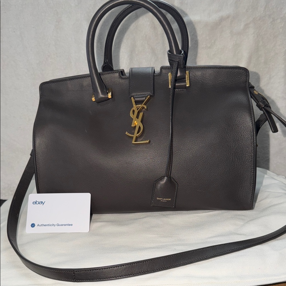 Saint Laurent Dark Gray Leather Bag with Gold Details